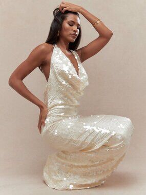 NWT Missguided Love and Peace Cream Sequin Maxi Halter Dress Sz L